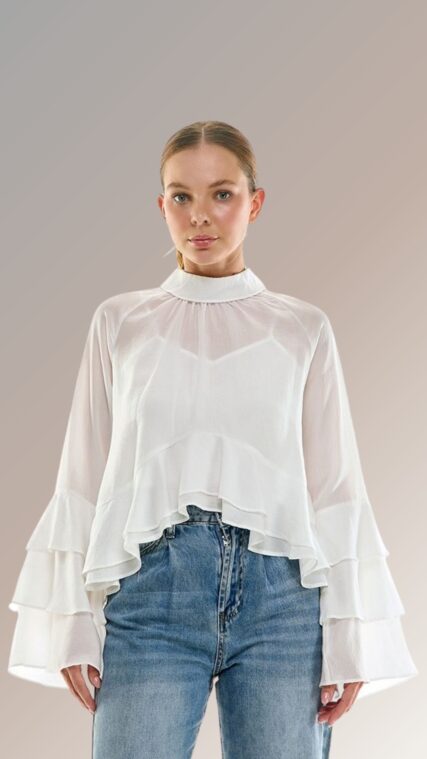 Blusa manga larga vuelos Blanco T17383