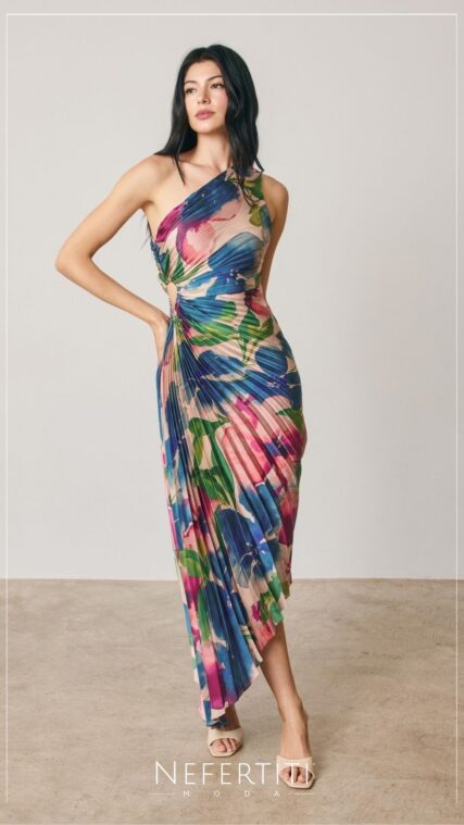 Vestido maxi un hombro plisado Flores Azul Rosa D7622