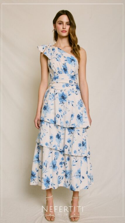 Vestido un hombro maxi flores Blanco Azul D7579