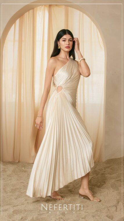 Vestido maxi un hombro plisado Marfil D7619