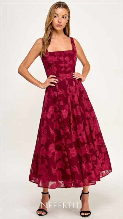 Vestido maxi tirante ancho Jacquard Rojo Vino D7646