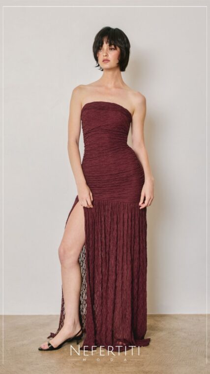 Vestido maxi strapless encaje Rojo Vino D7613
