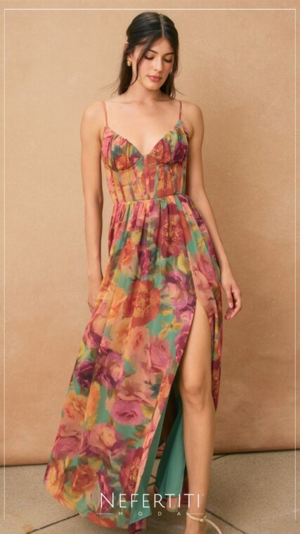 Vestido maxi tirante difuminado flores Naranja Magenta D7628